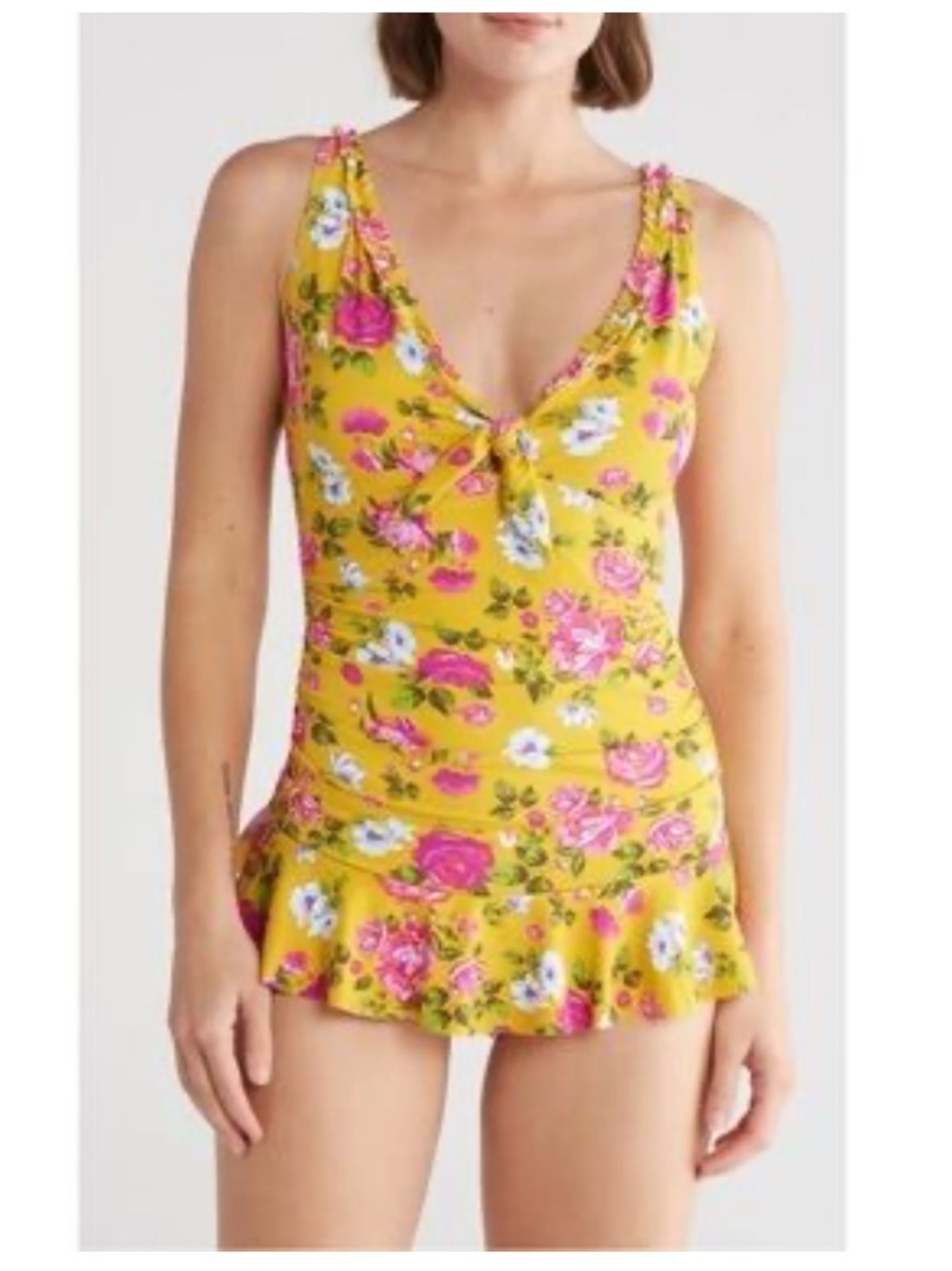 NWT Betsey Johnson Floral Plunge V-Neck Ruffle One Piece Swimdress Yellow Medium